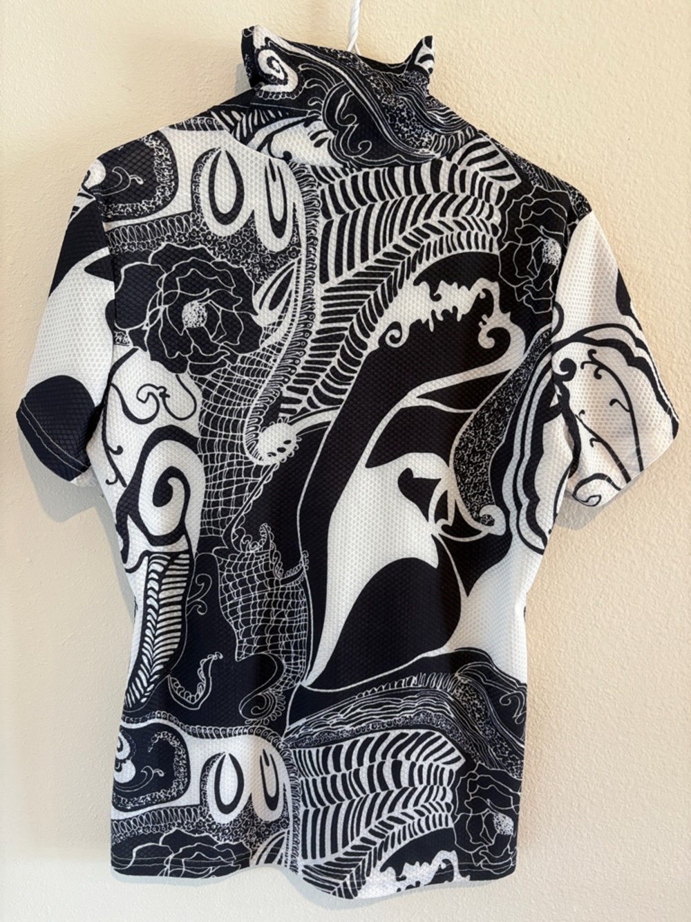 Black and White mock neck shirt with short sleeves + abstract design
